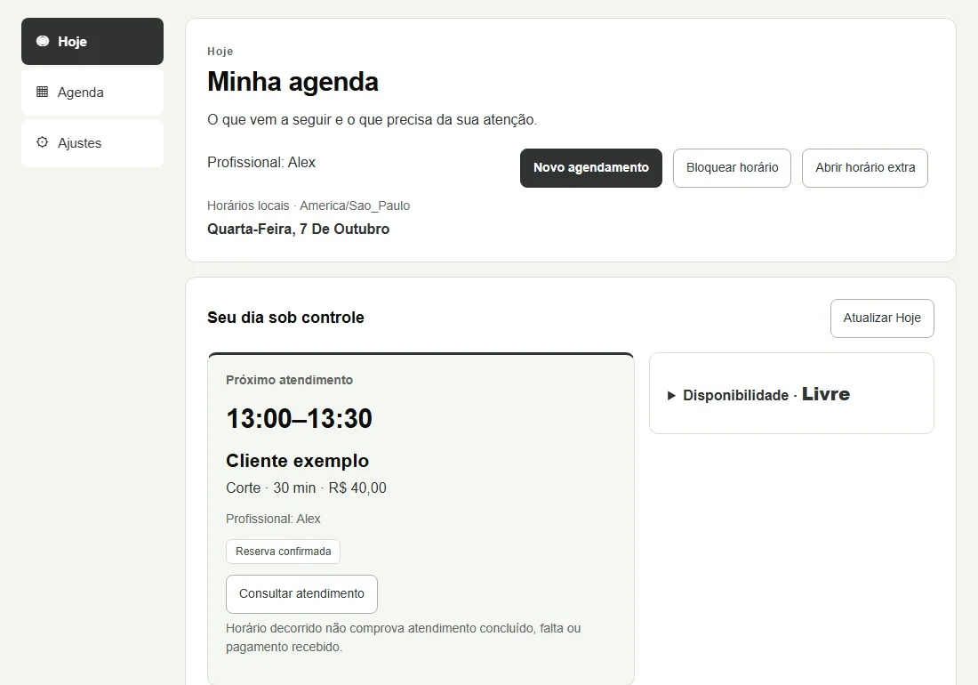 Recorte da interface real do Metriora Agenda: próximo atendimento e organização do dia, com dados ilustrativos.